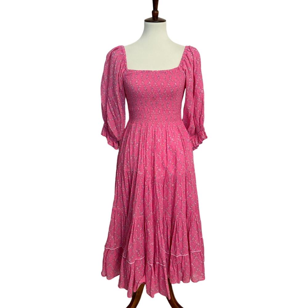 LoveShackFancy Rigby Midi Pink Floral Smocked Cotton Dress